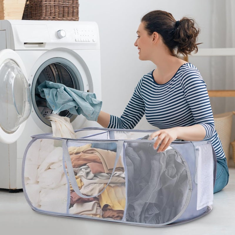 Bemkoo Durable Collapsible Foldable Pop Up Laundry Hamper, Sturdy 3 Compartments, Handy Pocket & Easy to Sort Clothes Hampers for Dorm, Kids Room, Travel - Grey - Image 2